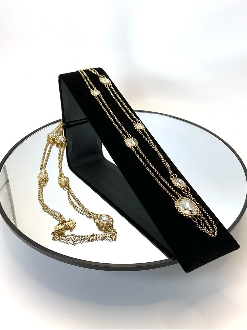 Swarovski Gold Long Station Double Strand Necklace with Clear Stones